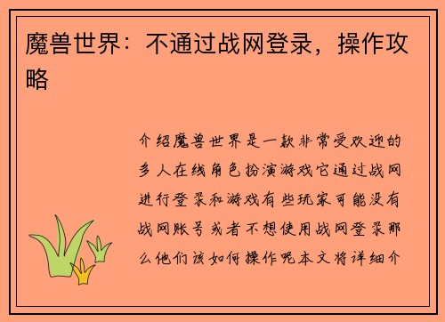 魔兽世界：不通过战网登录，操作攻略